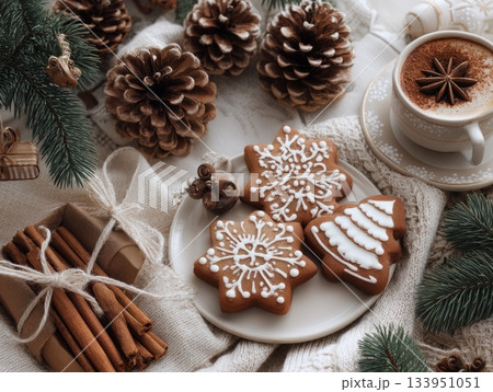 Christmas cookies flat lay with pinecones and cinnamon Christmas cookies flat lay with pinecones and cinnamon 133951051