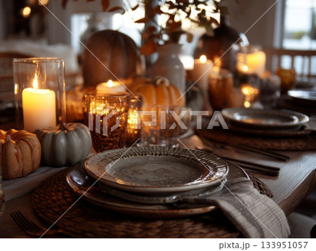 Autumn Thanksgiving dinner table with candlelight and rustic decor Autumn Thanksgiving dinner table with candlelight and rustic decor 133951057