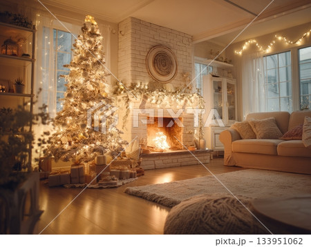 Cozy Christmas living room with decorated tree and fireplace 133951062