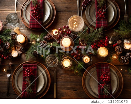 Christmas Table Setting with Candles and Rustic Holiday Decor 133951076