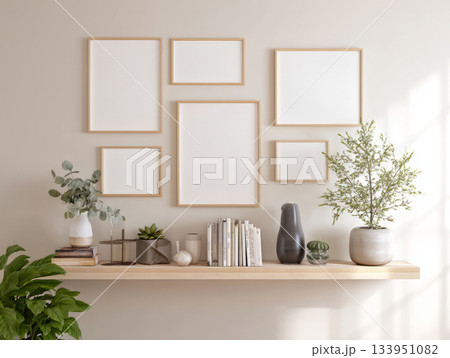 Scandinavian Wall Decor with Floating Shelf and Framed Prints 133951082