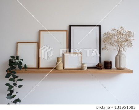 Scandinavian Shelf Gallery with Framed Art and Minimalist Decor 133951083