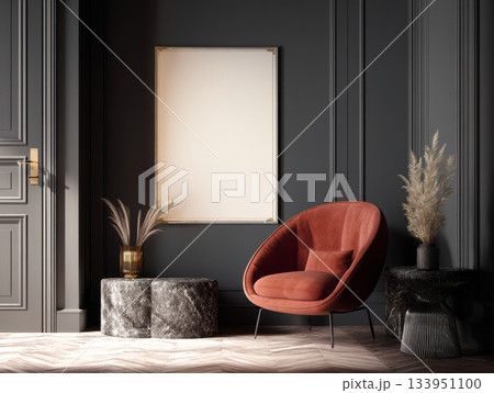 Elegant Poster Frame in Dark Interior with Terracotta Chair Elegant Poster Frame in Dark Interior with Terracotta Chair 133951100