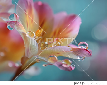Colorful Dewdrops on Flower Petals with Blue Bokeh Colorful Dewdrops on Flower Petals with Blue Bokeh 133951102