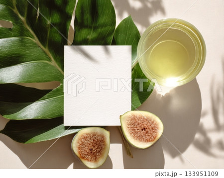 Tropical Mockup with Green Fig, Drink and Blank Card 133951109