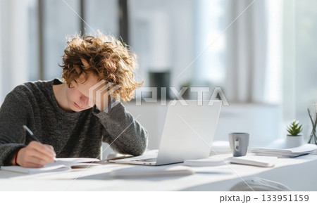 Student Burnout at Home Desk with Laptop and Open Textbook Student Burnout at Home Desk with Laptop and Open Textbook 133951159