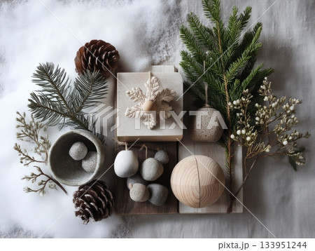 Scandinavian Christmas Still Life with Wooden Ornaments Scandinavian Christmas Still Life with Wooden Ornaments 133951244