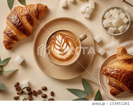 Croissants and coffee with sugar cubes Croissants and coffee with sugar cubes 133951261