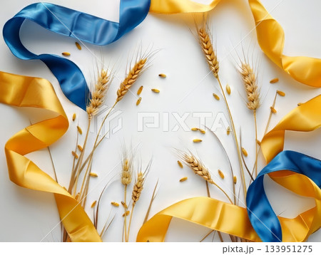 Wheat ears with yellow and blue ribbon 133951275