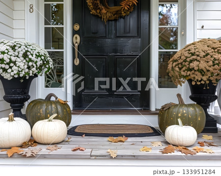 Autumn front porch with black door and white pumpkins Autumn front porch with black door and white pumpkins 133951284