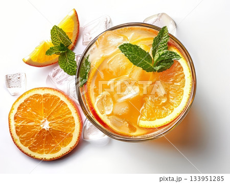 Refreshing orange drink with ice and mint Refreshing orange drink with ice and mint 133951285