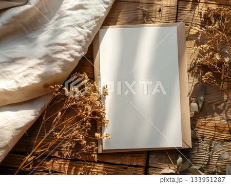 Rustic blank card with pink dried flowers and shadows Rustic blank card with pink dried flowers and shadows 133951287