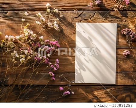 Rustic blank card with pink dried flowers and shadows Rustic blank card with pink dried flowers and shadows 133951288