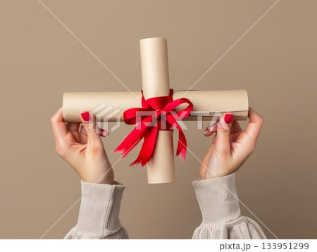 Scroll with red ribbon in hands on background 133951299