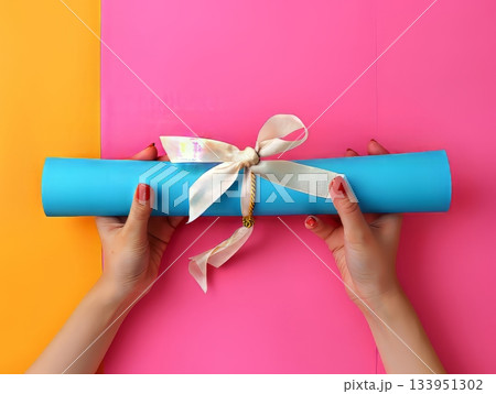 Scroll with red ribbon in hands on background 133951302