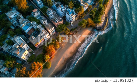 Aerial Coastal Town at Sunset Aerial Coastal Town at Sunset 133951327