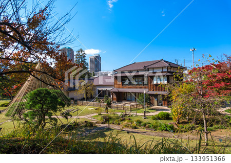 東京都文京区 紅葉の肥後細川庭園、松聲閣 133951366