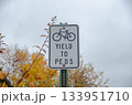 Bicycle yield sign with autumn trees in background Bicycle yield sign with autumn trees in background 133951710