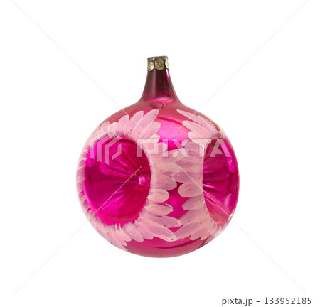 Vintage pink glass Christmas ornament with two indented sides and hand-painted white floral-style strokes. 133952185