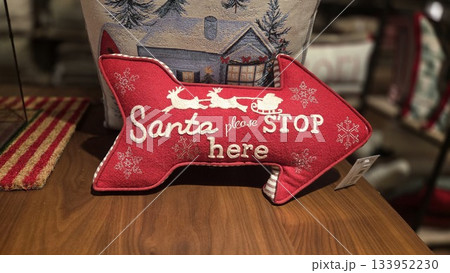Festive christmas decor with santa stop here pillow for holiday home design 133952230