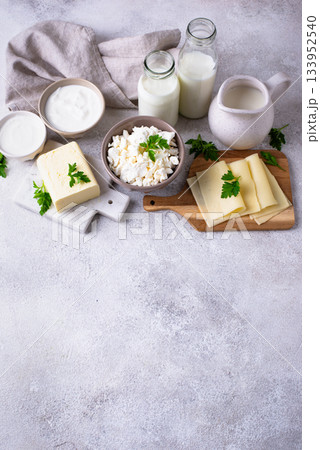 Dairy products. Milk, cottage cheese, cream, butter and yogurt 133952540