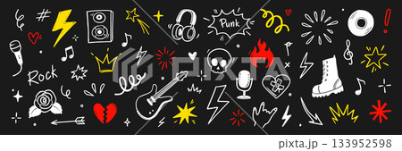 Rock n roll punk music doodle icon set. Graffiti, tattoo hand drawn doodle sticker, text, skull, heart, skate, gesture hand. Marker scribble sketch music icons. Grunge rock vector 133952598