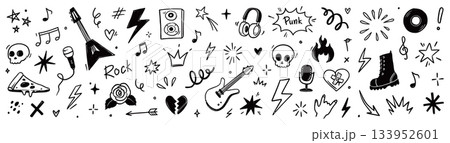 Rock and roll music icons with punk guitar stickers, grunge skulls, hand gestures, stars and tattoo style band symbols. Hand drawn grunge doodle style rock music icons. Vector Rock and roll music icons with punk guitar stickers, grunge skulls, hand gestures, stars and tattoo style band symbols. Hand drawn grunge doodle style rock music icons. Vector 133952601