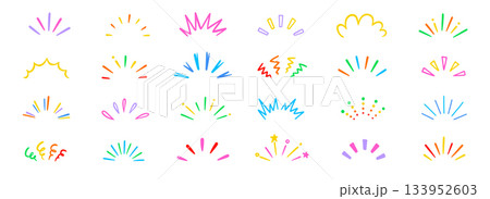 Line surprise shine ray color icon set. Hand drawn doodle color sparkle shine, surprise, sunburst frame with pop confetti ornament element collection. Comic headline decoration light ray 133952603