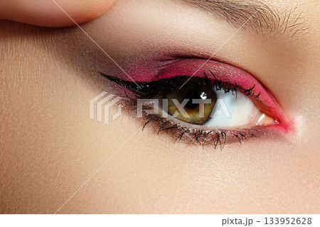 Closeup Macro of Woman Face with Trend Lifting Make-up with Red Eyeshadows. Fashion Celebrate Makeup, Glowy Clean Skin Closeup Macro of Woman Face with Trend Lifting Make-up with Red Eyeshadows. Fashion Celebrate Makeup, Glowy Clean Skin 133952628
