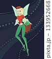 Beautiful blonde fairy with wings and Christmas present. New Year elf in green leggings and red Santa Claus hat. Bright fairy-tale illustration for children and kids. Cartoon symbol for Holiday 133952668