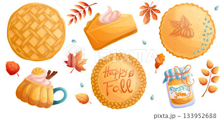 A set of autumn sweets and pastries on a white background. The concept of autumn and harvest. Isolated vector illustration for the design of postcards, clothing, textiles, banners and posters. A set of autumn sweets and pastries on a white background. The concept of autumn and harvest. Isolated vector illustration for the design of postcards, clothing, textiles, banners and posters. 133952688