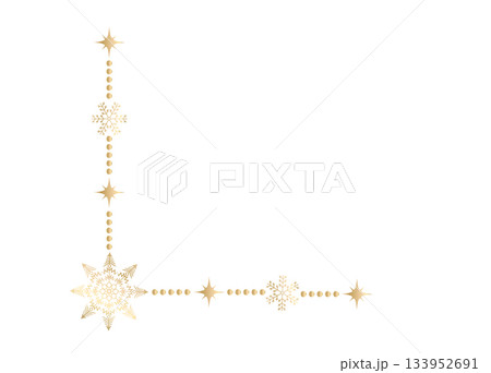 Decorative gold snowflake corner trim with small sparkling stars. Minimal elegant holiday border for invitations, stationery, festive branding and winter graphic projects. Vector illustration. Decorative gold snowflake corner trim with small sparkling stars. Minimal elegant holiday border for invitations, stationery, festive branding and winter graphic projects. Vector illustration. 133952691