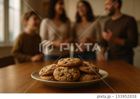 Plate Of Chocolate Chip Cookies With Happy Family In Background 133952838