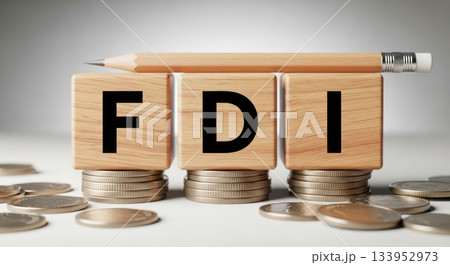 FDI concept represented with wooden blocks and coins, illustrating financial growth and investment opportunities in a modern economic environment 133952973