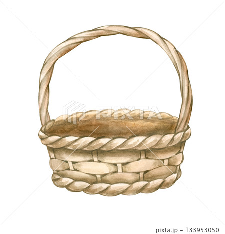 An empty wicker basket with a rustic handle. Watercolor illustration on an isolated background. Vintage clipart with realistic round basket for farming, picnic and gardening. An empty wicker basket with a rustic handle. Watercolor illustration on an isolated background. Vintage clipart with realistic round basket for farming, picnic and gardening. 133953050