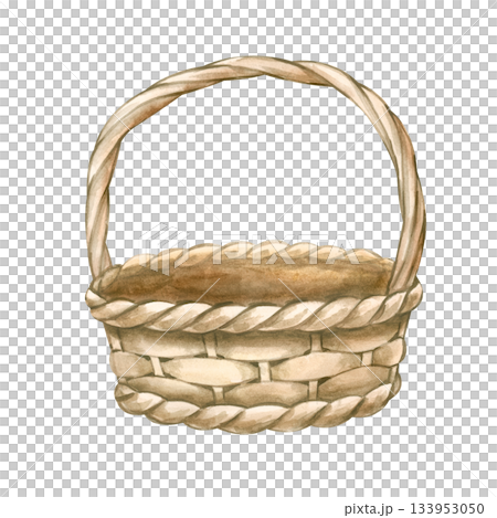 An empty wicker basket with a rustic handle. Watercolor illustration on an isolated background. Vintage clipart with realistic round basket for farming, picnic and gardening. An empty wicker basket with a rustic handle. Watercolor illustration on an isolated background. Vintage clipart with realistic round basket for farming, picnic and gardening. 133953050