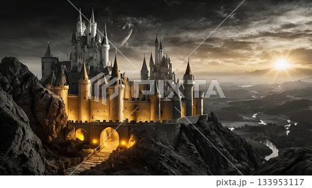 A dramatic black and gold fantasy scene of a...のイラスト素材 [133953117] - PIXTA