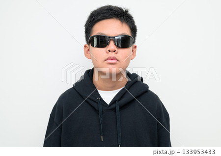 Asian Teenage Boy in Hoodie Wearing Sunglasses Asian Teenage Boy in Hoodie Wearing Sunglasses 133953433
