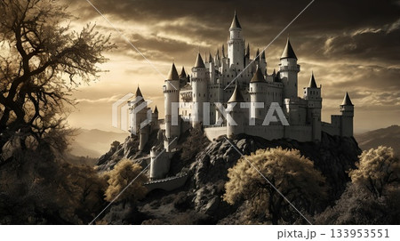 A dramatic black and gold fantasy scene of a...のイラスト素材 [133953551] - PIXTA
