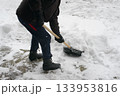 Closeup Of Worker Removing Snow From Outdoor Walkway 133953816