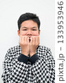 Asian Teenage Boy Studio Portrait on White Background Looking Scared and Afraid Biting Nails 133953946