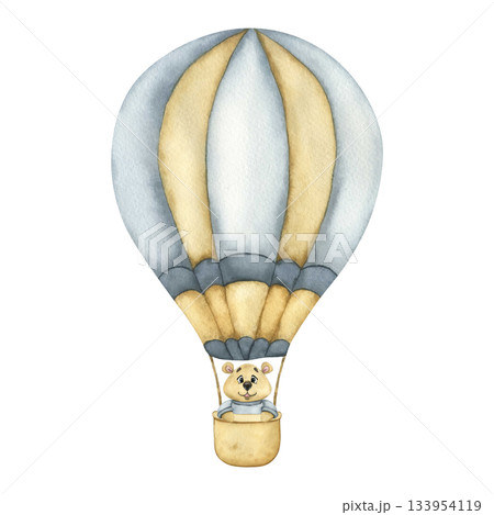 Kids Toy Teddy Bear on a Hot air Balloon. Watercolor kids illustration of a hot air Balloon in blue and beige colors and Cute Teddy Bear. Teddy Bear on a Hot air Balloon for kids goods, children room 133954119