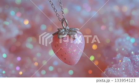 虹色の光が輝くピンククリスタルストロベリーペンダント 133954123