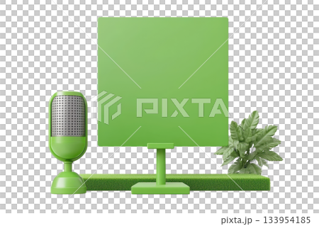 A vibrant green microphone stands beside a square display, complemented by a plant, creating a fresh and modern aesthetic. 133954185