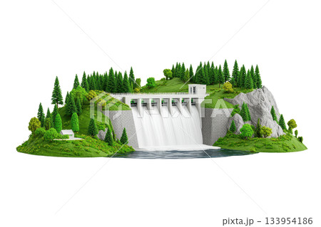 A miniature dam model surrounded by lush greenery and flowing water, showcasing detailed landscaping and natural features. 133954186