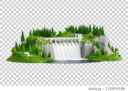 A miniature dam model surrounded by lush greenery and flowing water, showcasing detailed landscaping and natural features. 133954186