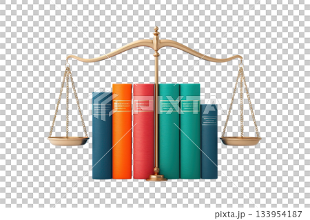 A balanced scale placed in front of a collection of colorful law books. A balanced scale placed in front of a collection of colorful law books. 133954187