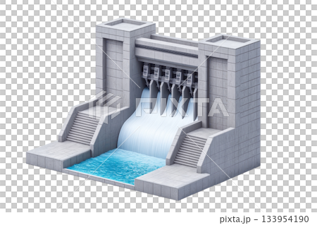 A modern dam structure with flowing water, featuring steps and multiple outlets for water release. 133954190