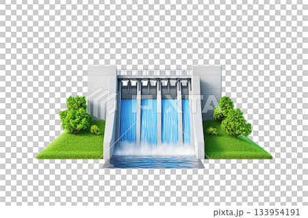 A modern dam structure with water flowing from multiple gates, flanked by greenery and a grassy area. 133954191