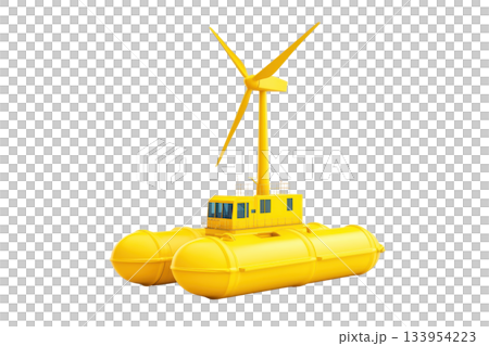 A bright yellow floating platform with a wind turbine, designed for renewable energy generation on water. 133954223